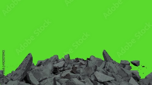 Earthquake Green screen Dumping debris and rubble scattered across the bottom of the image. The material appears to be concrete or stone, falling dynamically against the vibrant green bac