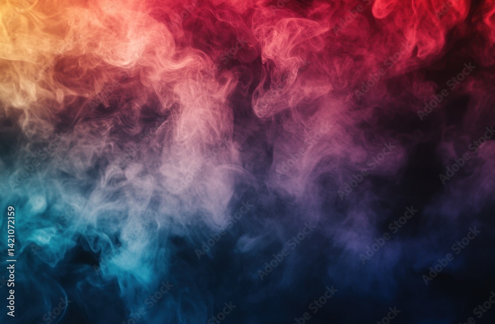 Vibrant smoke swirls in a dramatic display of color.  Abstract colorful smoke patterns against a dark background, showcasing dynamic movement and vibrant hues