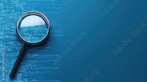 A magnifying glass reveals a complex digital code pattern on a deep blue background, representing data analysis and cybersecurity in a modern tech landscape.