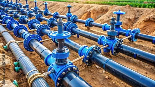 Water pipe fittings and valves installed on a horizontal irrigation system pipeline along with reticulation pipes, water pipe fittings, horizontal pipeline