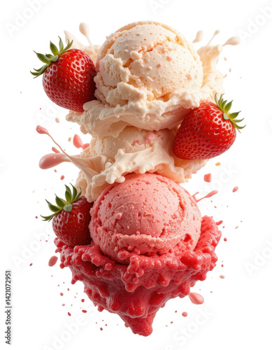 Delicious Strawberry and Vanilla Ice Cream Scoops with Fresh Strawberries and Creamy Splash 