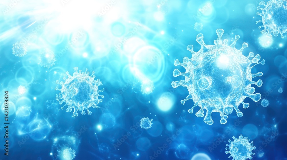 Naklejka premium Abstract blue background showcases a microscopic view of multiple virus particles, suggesting infectious disease and pandemic themes with bright light effects.