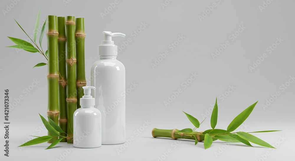 Derivative Products Mockup of Bamboo Bambusa Vulgaris Display with Green Leaves and White Bottles on Gray Background For Product Promotion Derivative Products Mockup of Bamboo Bambusa Vulgaris Display with Green Leaves and White Bottles on Gray Background For Product Promotion