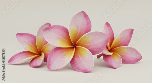 Derivative Product Mockup of Pink and Yellow Frangipani Flowers Exhibiting Detailed Petal Structure and Flower Center on White Background for Product Promotion