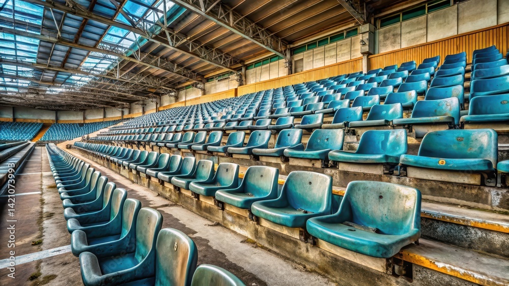 Fototapeta premium Abandoned seats with empty space in a large sports arena, neglect, solitude, neglect, solitude, decay