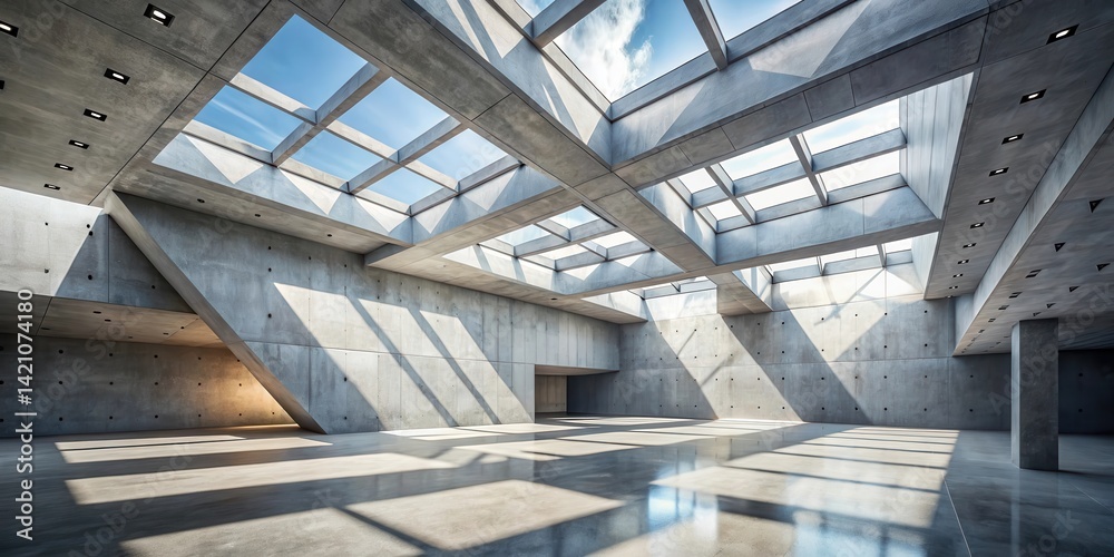 Modern concrete architectural interior design features geometric shapes and abstract patterns with natural light pouring in through skylights, architecture, abstractions Modern concrete architectural interior design features geometric shapes and abstract patterns with natural light pouring in through skylights, architecture, abstractions
