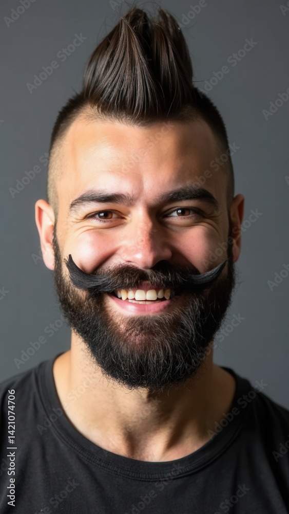 Smiling bearded man with a mohawk hairstyle and a very long mustache on a gray background.