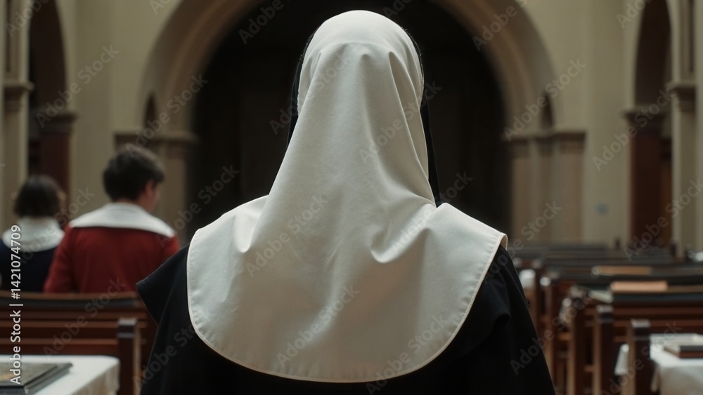 View from the back to the nun in the church, close-up.