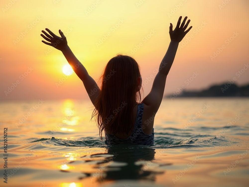 Girl teenager standing in the water with a raised hands at sunset.
