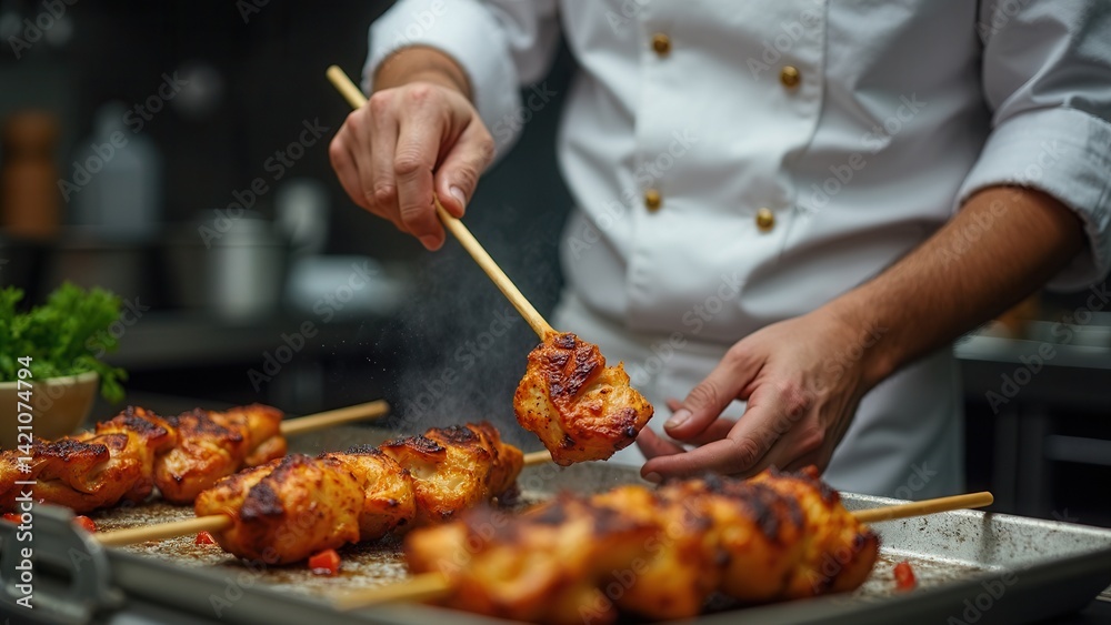 Male chef prepares grilled chicken on a skewer.