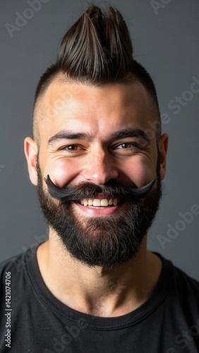 Obraz na płótnie Smiling bearded man with a mohawk hairstyle and a very long mustache on a gray background. w salonie