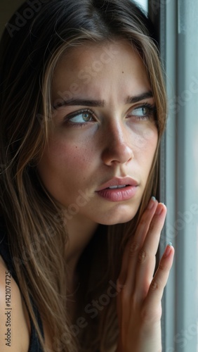 Tear-stained young woman sadly looks out the window.