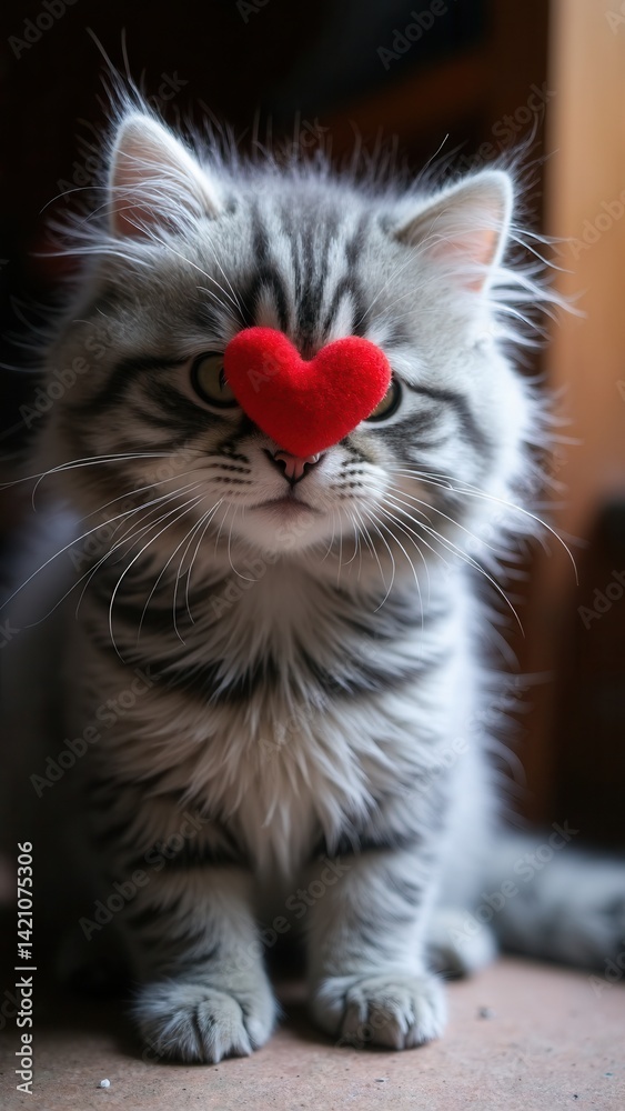 Gray tabby fluffy cat with a red heart on the face.