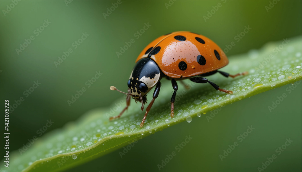 Ladybug on Dew-Covered Leaf: A close-up photo of a vibrant ladybug, its red shell dotted with black spots, perched on a glistening, dew-covered leaf. Ladybug on Dew-Covered Leaf: A close-up photo of a vibrant ladybug, its red shell dotted with black spots, perched on a glistening, dew-covered leaf.
