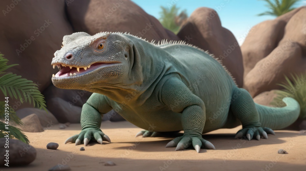 Obraz premium 3D illustration of a Komodo dragon in the forest