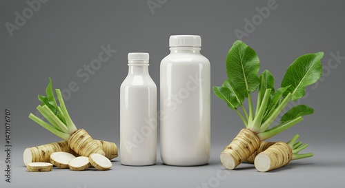 Horseradish Armoracia Rusticana Derivative Products Mockup Displaying Root Structure and Leaf Arrangement on a Neutral Gray Backdrop photo