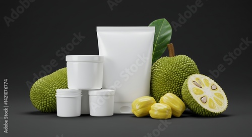 Jackfruit and White Containers Mockup Display Depicting Fruit Structure and Leaf Shape on Dark Background photo