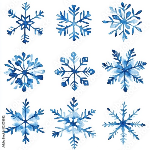 Nine stylized snowflakes in shades of blue watercolor on white background.  Delicate and intricate designs