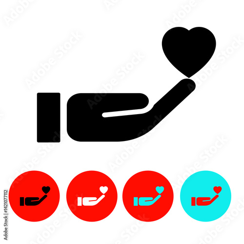 hand-heart icon, black, white and colored buttons