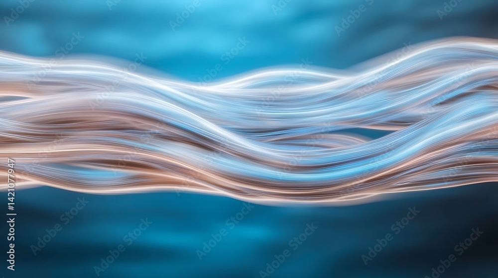 Abstract waves flow with light and shadow, blending blue and neutral tones on a blurred background Abstract waves flow with light and shadow, blending blue and neutral tones on a blurred background