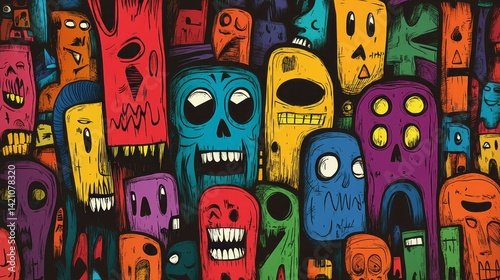 Colorful abstract collection of monster faces with unique expressions