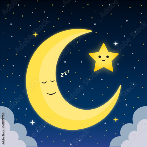 Adorable vector illustration featuring a cute sleeping crescent moon and a smiling star against a dark blue starry night sky with clouds. Perfect for children's designs, bedtime themes, and whimsical 