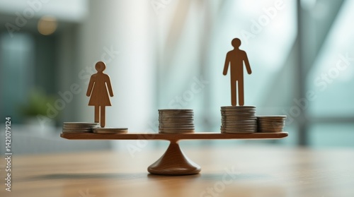 Balanced scale with male and female symbols, equal stacks of coins, modern office background, representing pay equity and wage fairness

