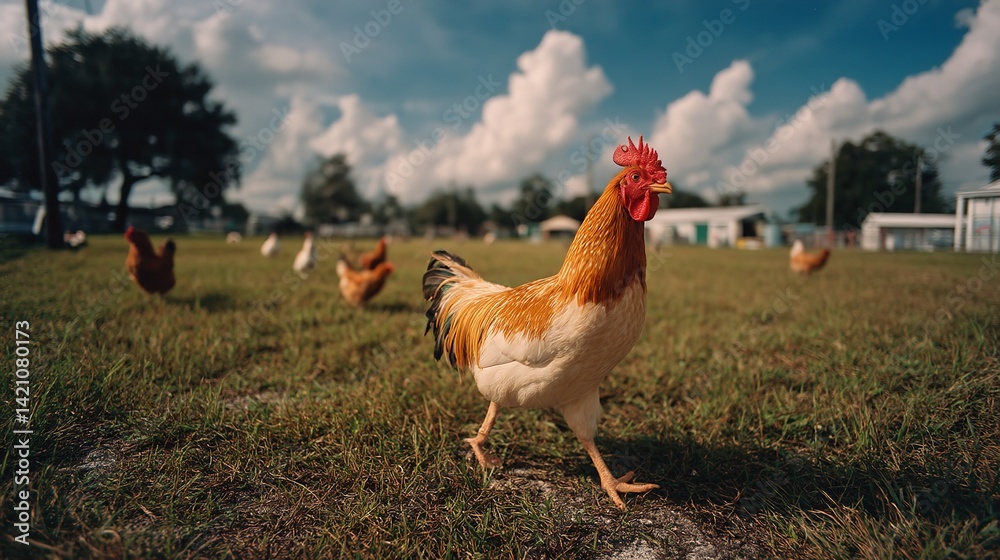Fototapeta premium Farm Rooster in Foreground with Flock of Chickens and Lush Green Grass Under Sunny Florida Sky – Countryside Livestock Concept
