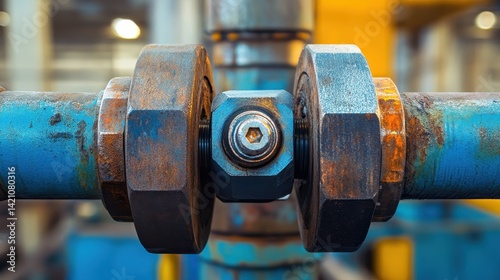 Bolts and nuts connect blue pipes, showing signs of wear and rust. Use this industrial-themed shot for engineering or construction concepts.