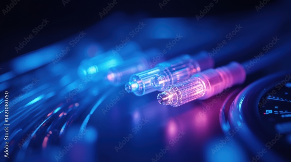 Futuristic Close-Up of Glowing Optical Fiber Cables with Blue and Purple Neon Lights on Dark Background
Futuristic Close-Up of Glowing Optical Fiber Cables with Blue and Purple Neon Lights on Dark Background