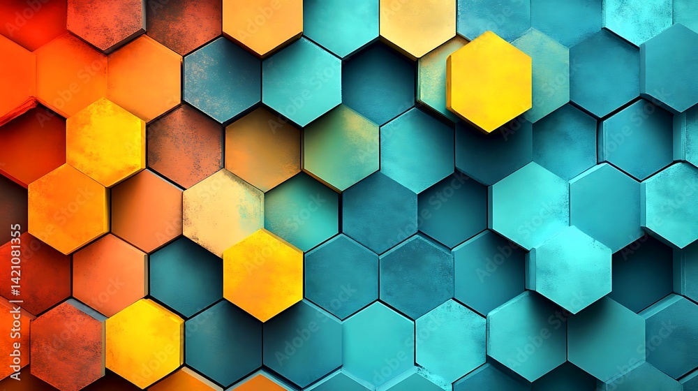 Abstract Hexagon Pattern Blue Orange Yellow Modern Background Texture 3d art wall tile grid bold Abstract Hexagon Pattern Blue Orange Yellow Modern Background Texture 3d art wall tile grid bold