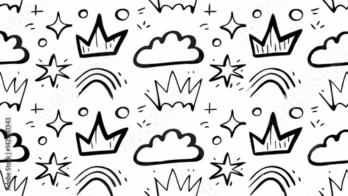 Seamless Doodle Pattern with Sketch Elements, Hand-Drawn Symbol Pattern for Wallpaper and Fabric, Crayon Style Seamless Background, Cute Childlike Doodles Seamless Vector