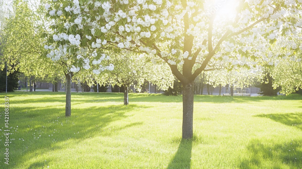 Obraz premium Spring blossoms sunlight park trees green grass