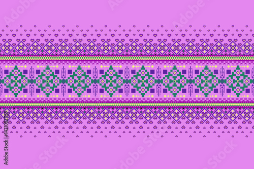 Geometric pixelated Arabic patterns on the fabric reflect the ornate and ethnicity,grid floral,grid colourful, backgrounds, seamless grid design for carpet,textile,textured,wallpaper,print,decorate