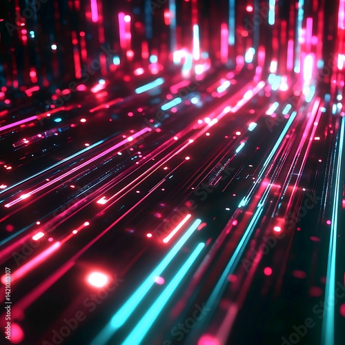 Abstract Pink Blue Neon Light Trails Digital Art Background red glow dark flow data wave lines speed