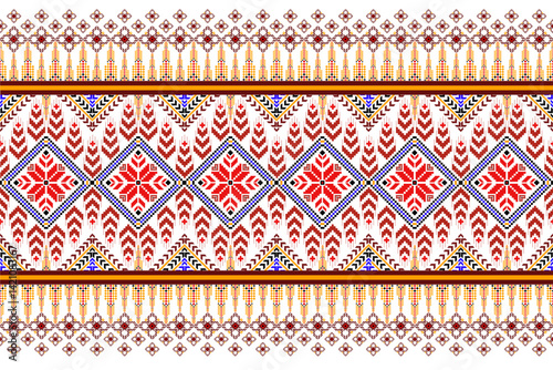 Geometric pixelated Arabic patterns on the fabric reflect the ornate and ethnicity,grid floral,grid colourful, backgrounds, seamless grid design for carpet,textile,textured,wallpaper,print,decorate