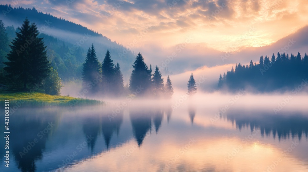 Fototapeta premium Misty morning landscape of lacu rosu lake with dense fog and calm water at sunrise in harghita county, romania, serene summer nature scene in eastern europe 