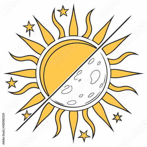 "Sun and Moon Split – Minimal AI Graphic Design on White Background"