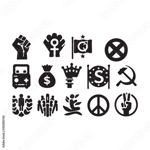 Social and Political Movement Vector Icons: Fist, Venus Symbol, Flag, Crown