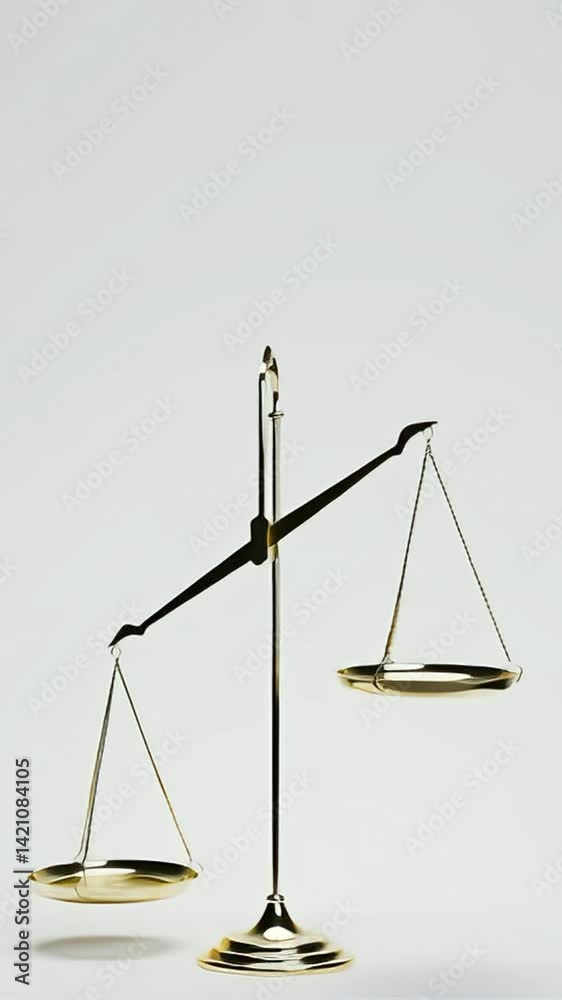 A shiny golden scale with two pans hanging from it against a plain white background in a studio shot A shiny golden scale with two pans hanging from it against a plain white background in a studio shot