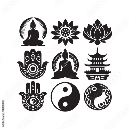 Buddhist and Spiritual Vector Icons: Buddha, Lotus, Hamsa, Pagoda, Yin Yang