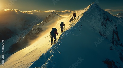 A couple of hikers climbing a snow-covered mountain trail, the sun low in the sky casting long shadows across the crisp snow as they head toward the summit photo