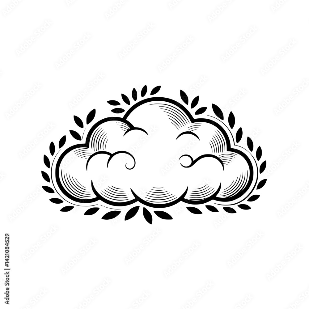 Naklejka premium Elegant Cloud and Leaf Motif in Black and White