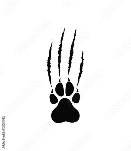 Animal paw print silhouette with scratches and claw markings. talons cuts cat, tiger, dog, lion, monster isolated on white background. Vector flat illustration