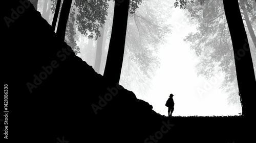 The lone figure moves through a mysterious forest where slender, ethereal trees loom overhead