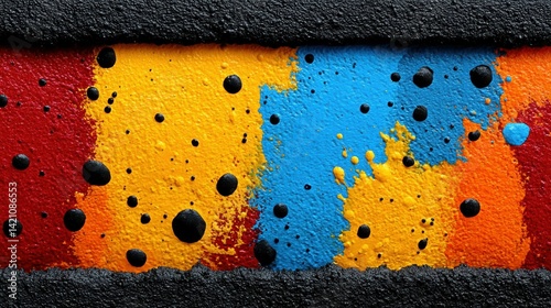 Vibrant splashes of various colors, including red, blue, and yellow