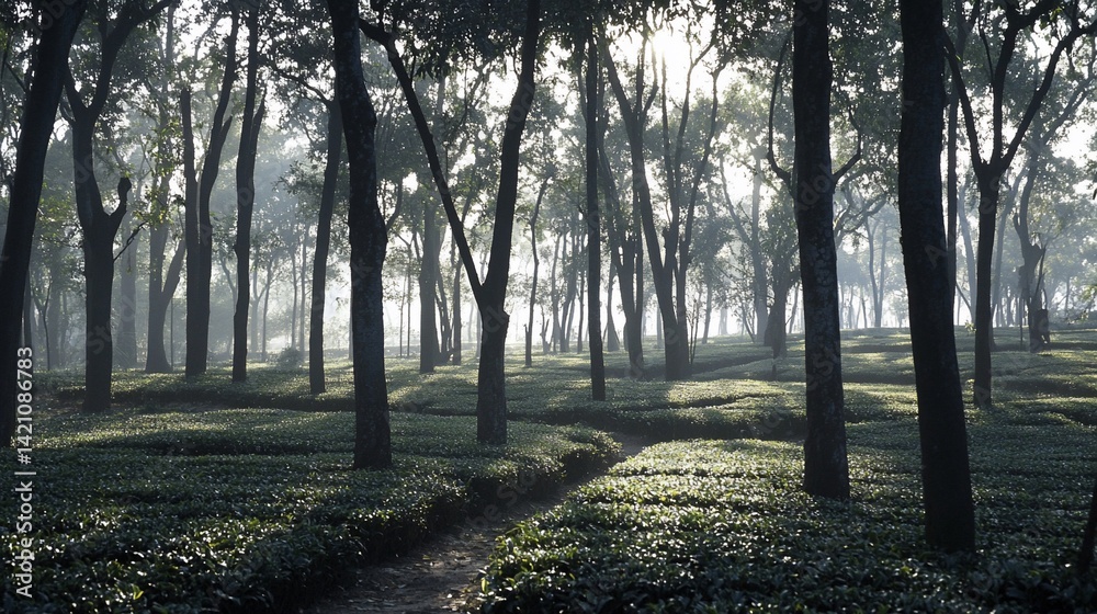 Fototapeta premium Misty dawn path through tea plantation forest
