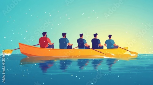 Teamwork in Motion: Rowers Synchronized Effort on the Water, Demonstrating Collaboration and Unity in Achieving a Shared Goal in Vivid Artistic Illustration