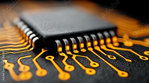 The abstract glowing chip circuit hologram on a dark background showcases intricate and intricate patterns