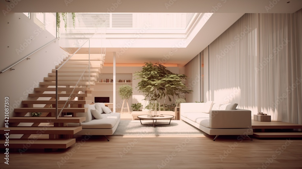 Fototapeta premium interior home with minimal furnishings and decor light wood floor, stairs, sofa chair, white walls
